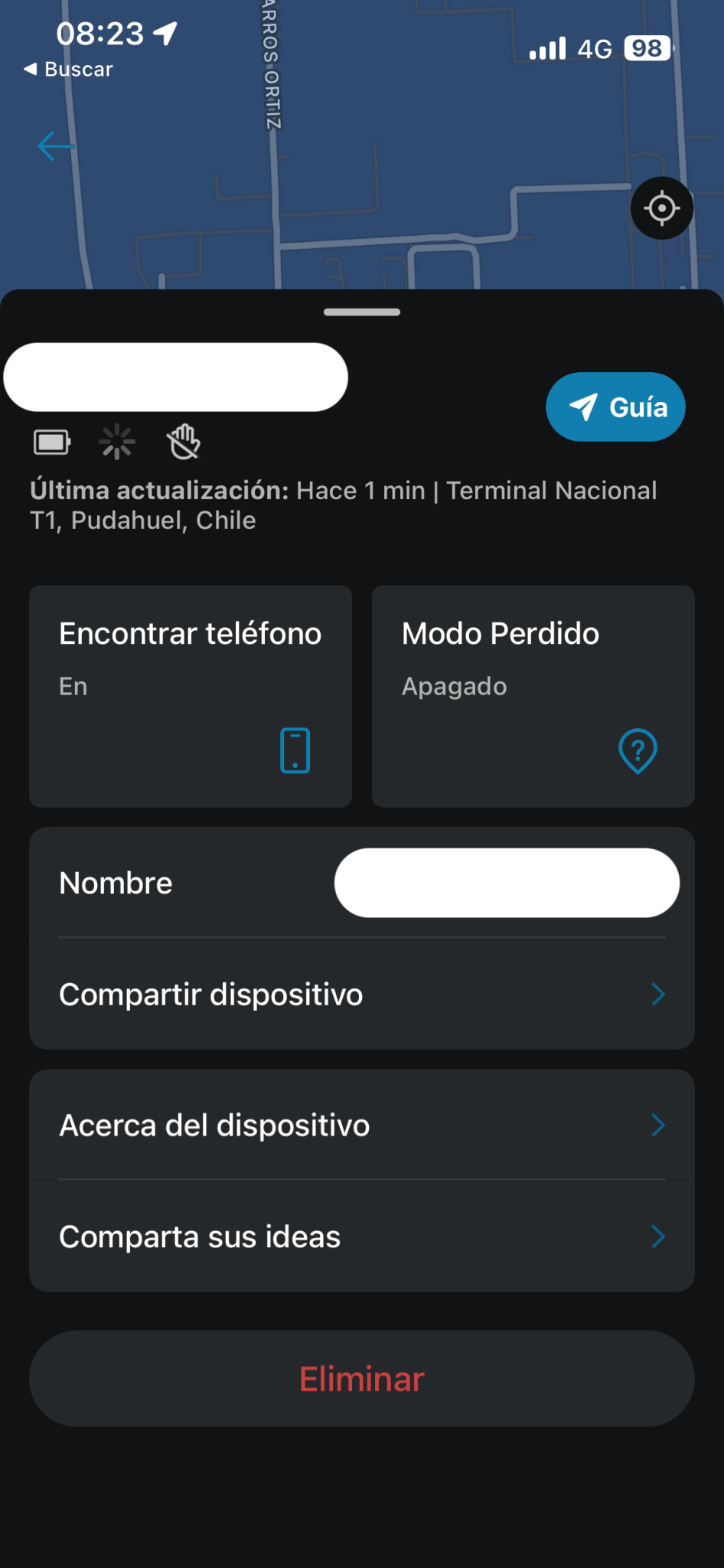 Interfaz de la app de Chip SmartTrack mostrando opciones de rastreo en Terminal Nacional T1, Pudahuel, Chile.