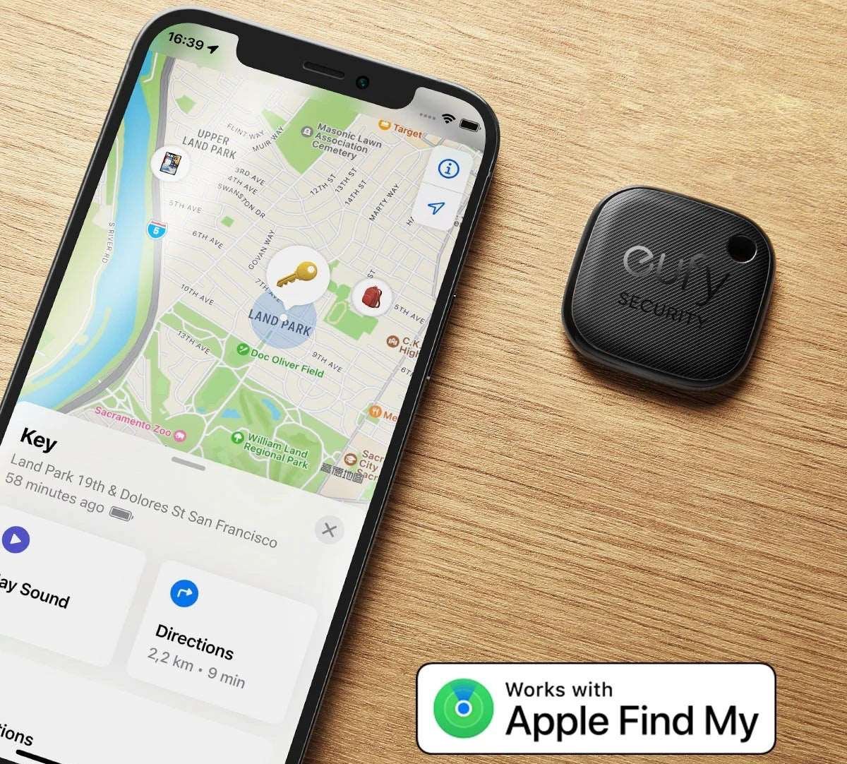 SmartTrack Eufy chip with Apple Find My feature displayed on smartphone tracking lost item.