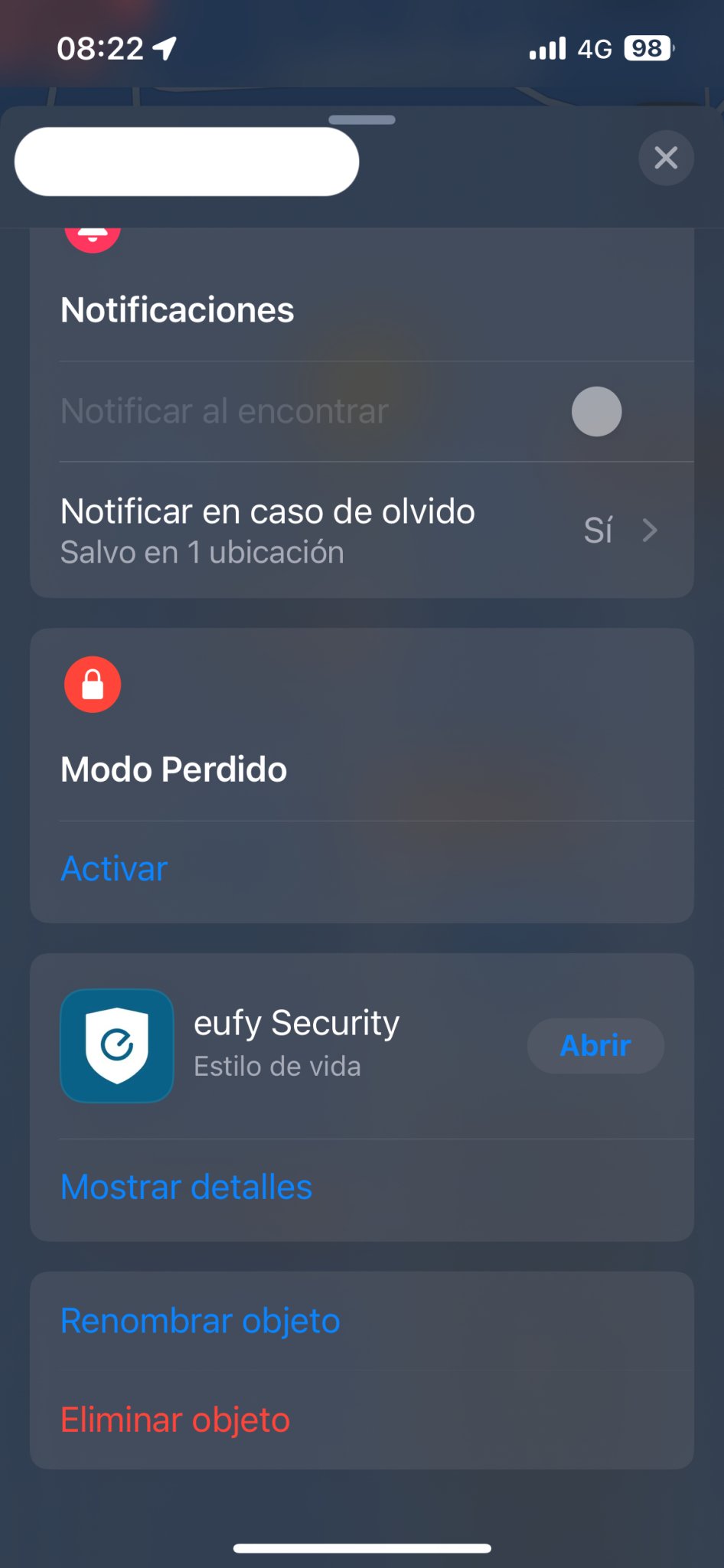 SmartTrack Eufy app interface showing notifications, lost mode, and device options on a smartphone screen