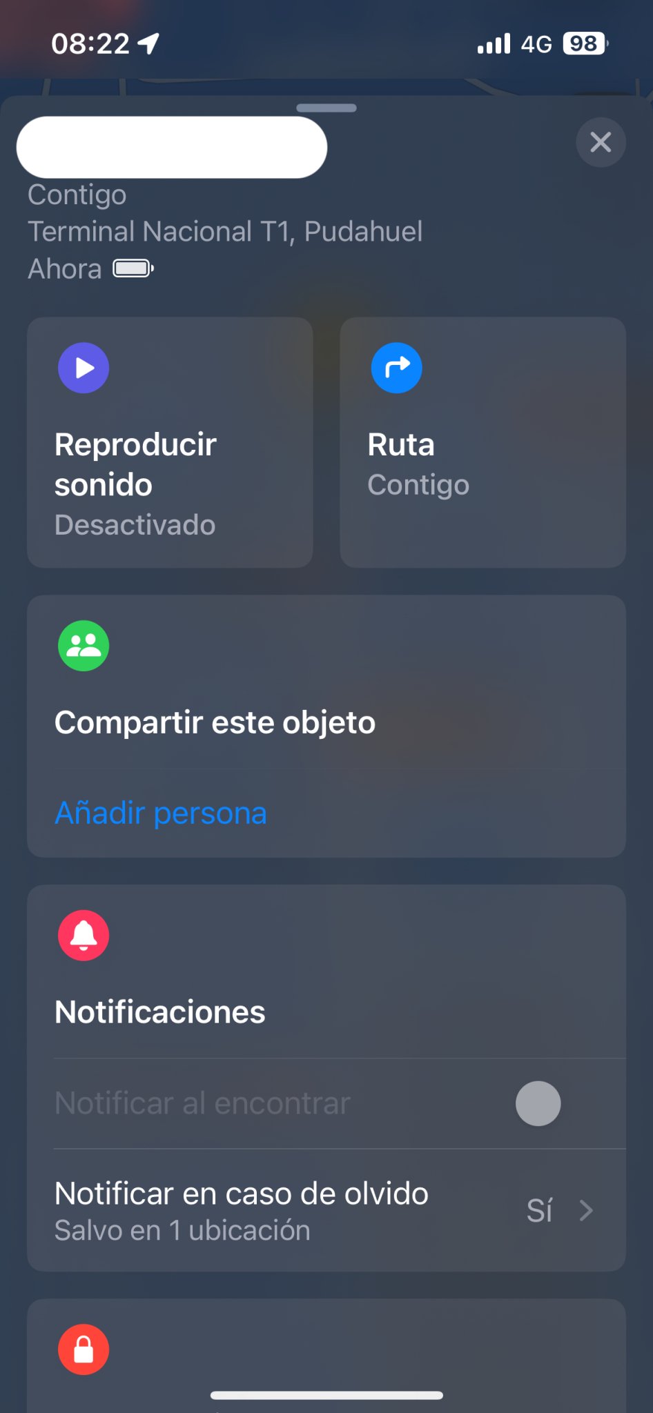 Pantalla de la app localizadora mostrando opciones de ruta y notificaciones para objeto localizado en Terminal Nacional T1, Pudahuel.