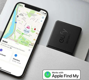 Eufy SmartTrack card next to smartphone showing Apple Find My map, ensuring you never lose your wallet or belongings.